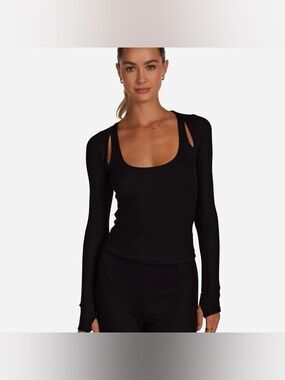 REVOLVE Michael Lauren Black Scoop Neck Long Sleeve Top Stanfield Small Stretch
